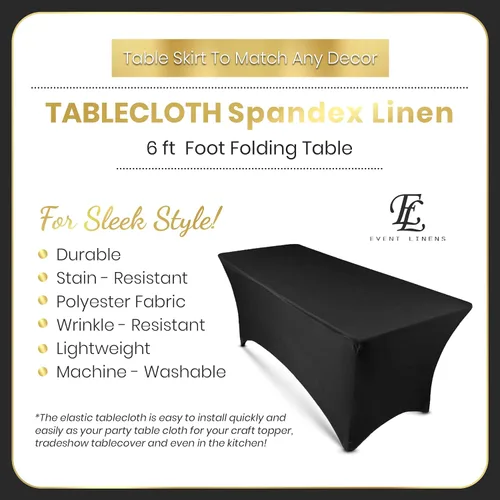 Vista 3 de Premium Collection - Mantel rectangular de lino de elastano de 6 pies, mantel negro ajustable para mesa plegable de 6 pies, ropa de cama de boda