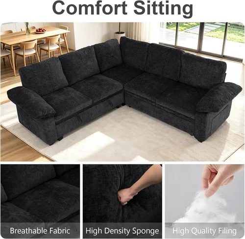 Vista 6 de 85" sofá seccional modular del durmiente, forma de L sacó el sofá cama con Negro