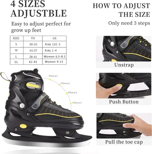 Vista 2 de Patines de hockey con 4 tamaños ajustables, acolchado suave y soporte de tobillo reforzado para niños, niñas, jóvenes, hombres, mujeres