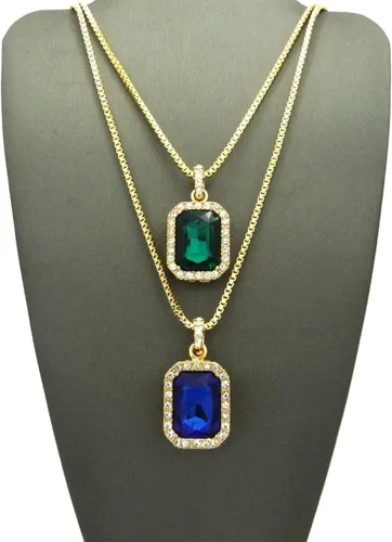 Vista 4 de Mens Iced Out Cadena de Oro Rojo Negro Azul Verde caja de piedra conjunto collar conjunto de 2