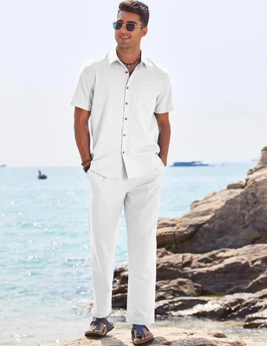 Vista 2 de COOFANDY Conjunto de 2 piezas de lino para hombre, conjunto de camisa y pantalón con botones para la playa