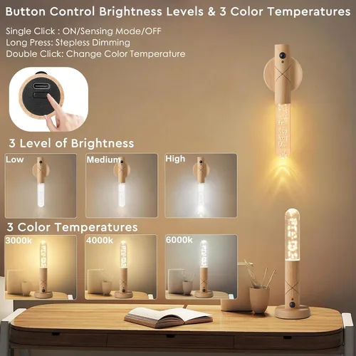 Vista 2 de Juego de dos apliques de pared que funcionan con pilas, luz nocturna con sensor de movimiento, aplique de pared recargable, luces de despegar