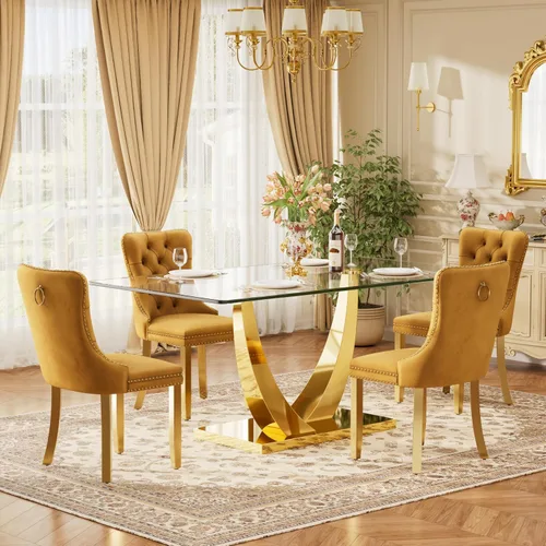Vista 30 de Juego de mesa de comedor de cristal moderno de mediados de siglo para 4, 63 pulgadas, juego de comedor rectangular grande de lujo con parte superior