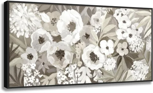 Vista 24 de Cuadro de flores para sala de estar, arte de pared floral azul y blanco sobre lienzo con detalles dorados para decoración de dormitorio gris, 32 x