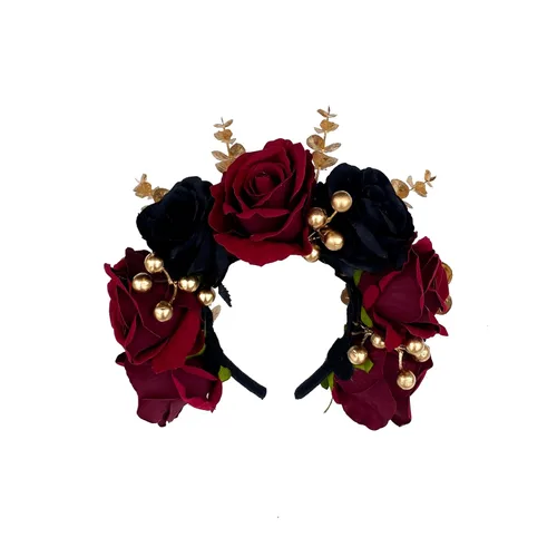 Vista 2 de Ansuma Diadema con corona de flores de rosa burdeos, corona de pelo floral para bodas, fiestas, festivales, cosplay, fotografía, día de los muertos