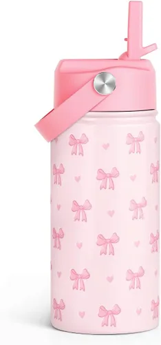 Vista 30 de SANDJEST Botella de Agua para Niños con Tapa de Pajita - 12 Oz Botella de Acero Inoxidable Aislada con Dibujo de Animales para Niños y Niñas - Taza
