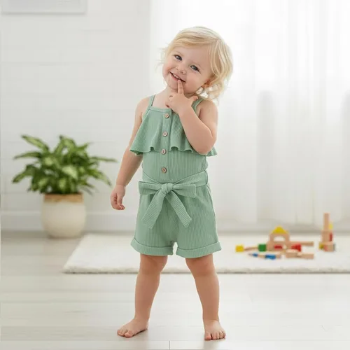 Vista 4 de Ropa para niña pequeña, ropa sin mangas, de verano, de una pieza, con cuello halter, mameluco 1-6T