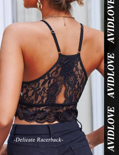 Vista 4 de Avidlove Bralette de encaje para mujer, camisolas de cuello alto, espalda cruzada, top corto de doble capa