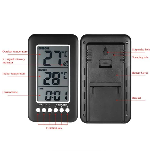 Vista 8 de Termómetro para interiores y exteriores Termómetro inalámbrico para casa LCD ℃/℉ Reloj digital Medidor de temperatura con transmisor Números fáciles