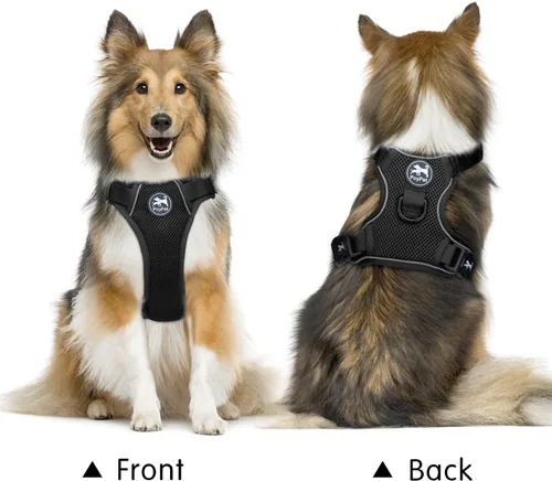 Vista 2 de PoyPet - Arnés para perro reflectante de malla suave y transpirable, chaleco doble acolchado sin estrangulamiento, ajustable (negro, XS)