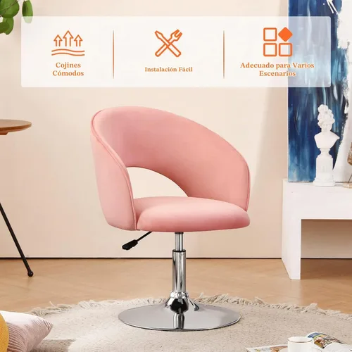 Vista 4 de Furnimart Silla de Tocador de Terciopelo Rosa Taburete de Tocador con Respaldo, Silla de Acento Giratoria de Altura Ajustable con Respaldo, Silla