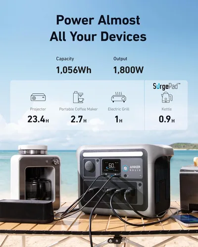 Vista 5 de Anker SOLIX C1000 Estación de energía portátil con panel solar bifacial de 100 W, generador solar de 1,800 W, batería LFP de 1056 Wh (LiFePO4), 6