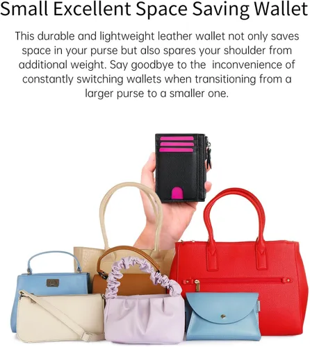 Vista 5 de Cartera delgada para mujeres de piel pequeña con bloqueo RFID, tarjetero minimalista con bolsas para monedas y fundas, Negro, Moderno