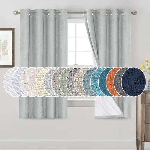 Vista 164 de Cortinas con textura de lino 100% opacas de 64 pulgadas de largo, juego de 2 paneles de cortinas de lino opacas con forro aislante térmico que Arena