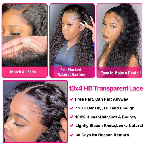 Vista 2 de Pelucas de encaje frontal sin pegamento con onda de agua para mujer, cabello humano 180 de densidad, cabello virgen brasileño sin procesar