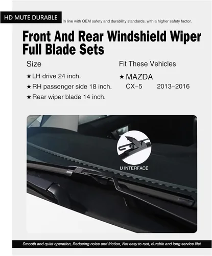 Vista 2 de Repuesto para limpiaparabrisas silencioso Mazda CX-5 2013-2016 Juego de limpiaparabrisas delantero y trasero FIOSLPINS (paquete de 3) de 24