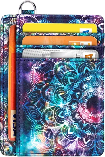 Vista 8 de Cartera delgada con bolsillo frontal RFID para tarjetas de identificación, bonita cartera pequeña con llavero para mujer