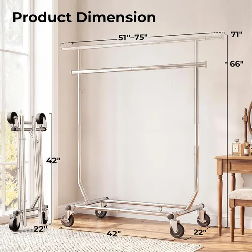 Vista 13 de HOKEEPER Perchero para ropa, percheros enrollables para colgar ropa, perchero portátil con ruedas bloqueables, perchero de ropa resistente de uso