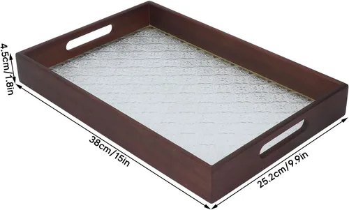 Vista 6 de Walnut Wood Serving Tray, Rectangle Vintage Glass Bottom with Handles, Elegant Kitchen Snack Plate - Multi Purpose, Durable Wood Siding, Ideal for