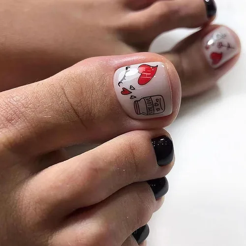 Vista 25 de Uñas postizas acrílicas artificiales negras para los dedos de los pies, ataúd a presión con diseños de flores blancas, uñas postizas reutilizables