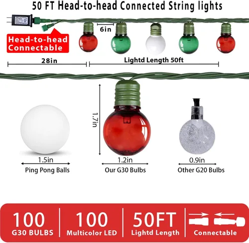 Vista 3 de 100 luces LED de 50 pies de globo de Navidad para exteriores, luces redondas G30 de Navidad pequeñas, conectables impermeables, para patio, aleros