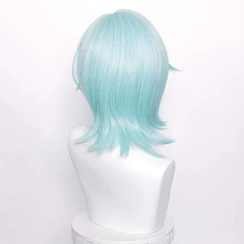 Vista 4 de Alacos Anime - Pelucas de cosplay de múltiples roles, resistente al calor, peluca de fiesta de Halloween + gorra gratis (peluca de eula azul)