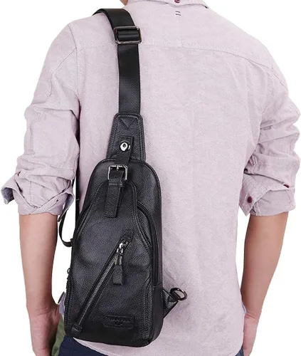 Vista 5 de Mochila estilo bandolera de piel para hombres y mujeres, bandolera de hombro, al pecho, mochila de uso diario para viajes, al aire libre