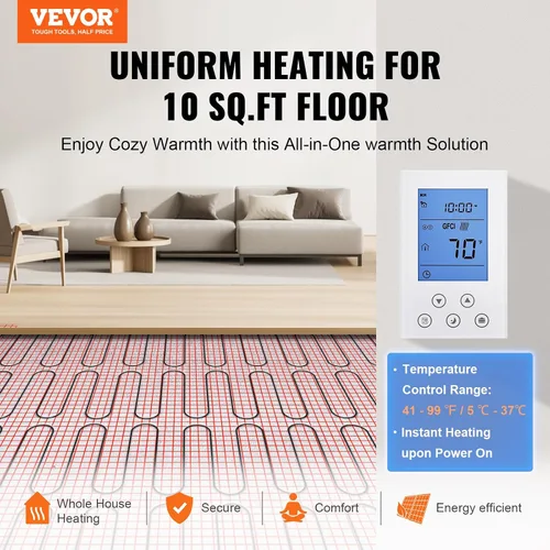 Vista 2 de VEVOR Alfombrilla de calefacción de suelo, 10 pies cuadrados 14℉-113℉ Sistema eléctrico de calefacción por suelo radiante con termostato digital
