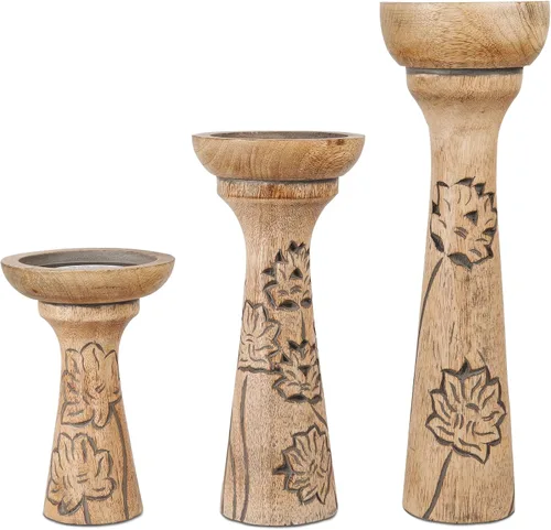 Vista 15 de Mela Artisans Pakshi - Juego de 3 portavelas de madera de mango de 6, 9 y 12 pulgadas, color blanco envejecido, portavelas de madera para mesa