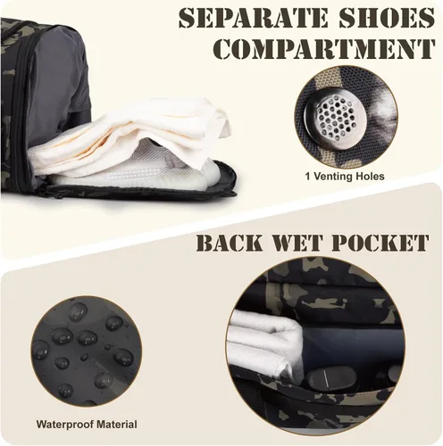 Vista 6 de Bolsa de lona táctica para viajes, expandible de 52 litros, bolsa de lona grande para hombre, bolsa de lona para gimnasio con bolsillo húmedo