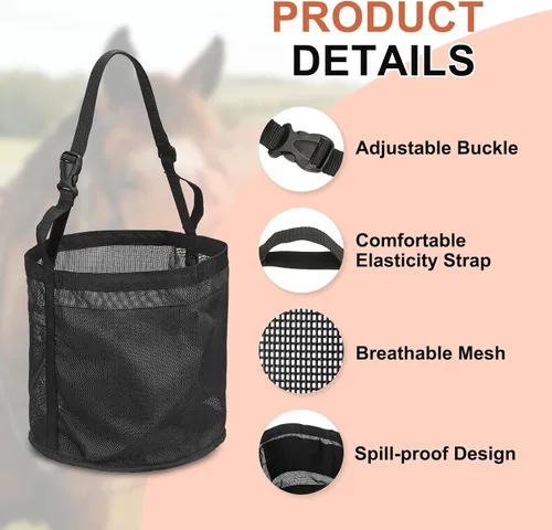 Vista 3 de Bolsa de alimentación para caballo, bozal de caballo con correa ajustable, malla de nailon, impermeable, bolsa para caballos de grano inferior Negro