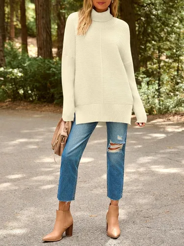 Vista 6 de EFAN Suéteres de cuello alto holgados para mujer, de manga larga, para invierno 2025, moda tendencia, de punto, túnica, atuendos de otoño Albaricoque
