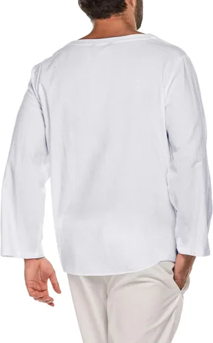 Vista 3 de COOFANDY Camisas de lino de algodón para hombre, con cordones, casuales, para playa, hippie, cuello en V
