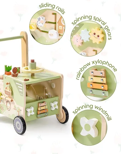Vista 5 de ROBOTIME Juguete de madera para niños pequeños, andador de empuje para bebés con ruedas, centro de actividades con temática de granja para niñas