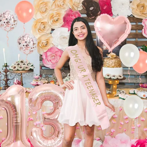 Vista 2 de Decoración de fiesta de cumpleaños para adolescentes, decoraciones de fiesta de cumpleaños de 13 para niñas con globos de oro rosa para adolescentes