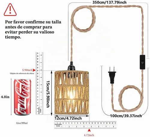 Vista 2 de Lámpara Colgante Bohemia con Enchufe, Luz Colgante with Cable con Enchufe, Lámpara de Techo con Pantalla Cilíndrica de Ratán e Interruptor