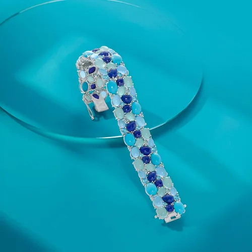 Vista 4 de Ross-Simons 61.30 ct. t.w. White and Tonal Blue Multi-Gemstone Cluster Bracelet in Sterling Silver
