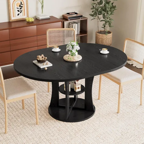 Vista 9 de Mesa de comedor redonda extensible de 43.3 a 59 pulgadas para 4 a 8, moderna mesa de comedor ovalada de cocina con estante de almacenamiento, mesa