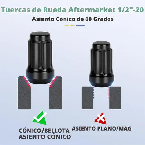 Vista 5 de dynofit Tuercas de rueda de 1/2x20, 4 tuercas de orejeta cromadas negras de 1/2''-20 del mercado de accesorios con 1 llave, asiento cónico/cono