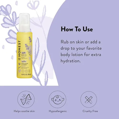 Vista 3 de The Honest Company Aceite corporal calmante con infusión de lavanda hidrata, nutre y calma la piel del bebé, hipoalergénico a base de plantas