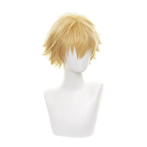 Vista 4 de Peluca de cosplay de anime para hombre de motosierra, peluca de cosplay Denji, pelucas cortas rizadas amarillas para hombres + gorra de peluca gratis