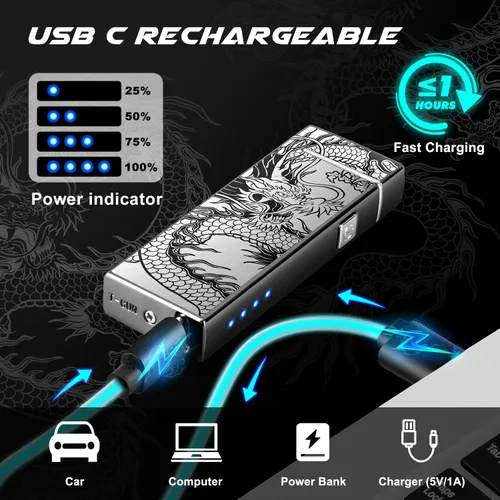 Vista 3 de LcFun Encendedor eléctrico recargable por USB, resistente al viento, de plasma, doble arco con indicador de batería LED, sin llama, encendedores