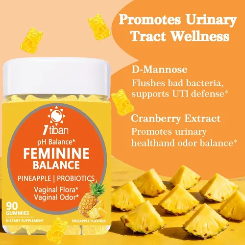Vista 3 de Gomitas de piña para mujer, pH, equilibrio femenino, salud vaginal, probióticos femeninos, apoyo al bienestar, vegano, sin gluten, piña hawaiana, 90
