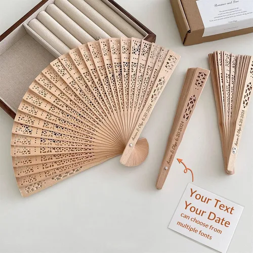 Vista 2 de Abanicos de boda personalizados para invitados, ventilador personalizado a granel de madera plegable grabado a mano nombre/fecha para boda, baby