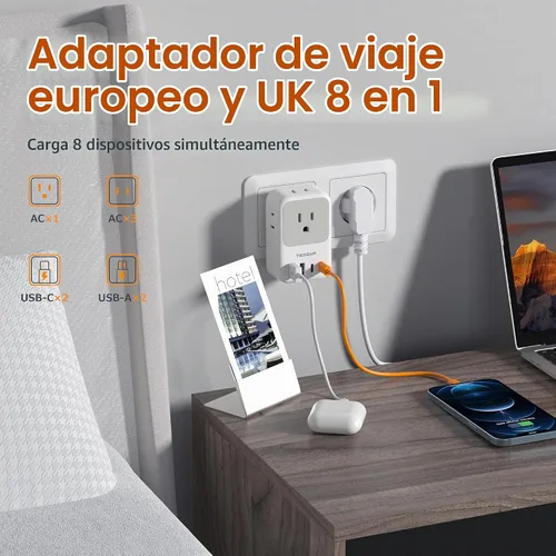 Vista 4 de TESSAN All European UK Travel Plug Adapter Kit, PD 20W International Detachable Adaptor, 4 AC 4 USB Potrs (2 USB C), Type C/G/E/F Universal Plug, US