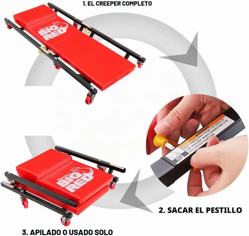 Vista 6 de BIG RED 36" Creeper Acolchado de Garaje/Taller de 2 Piezas con Ruedas, Carrito de Mecánico con Reposacabezas y 6 Ruedas, Rojo TR7565R Torin