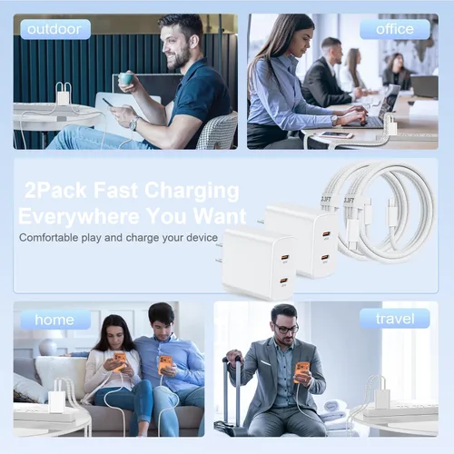 Vista 7 de Cargador súper rápido USB C de 45 W, paquete de 2 bloques de carga dual USB C para iPhone con cable trenzado tipo C a C de 3.3 pies de carga rápida