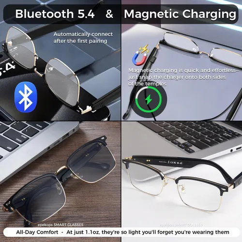 Vista 6 de Lentes inteligentes AI de audio Bluetooth con lentes fotocromáticos, traducción, música, llamadas, asistente de voz, altavoces estéreo de oreja
