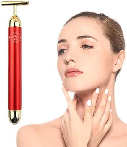 Vista 7 de Beauty Bar - Rodillo masajeador facial de energía de pulso dorado de 24 quilates, herramienta de masajeador facial eléctrico en forma de T