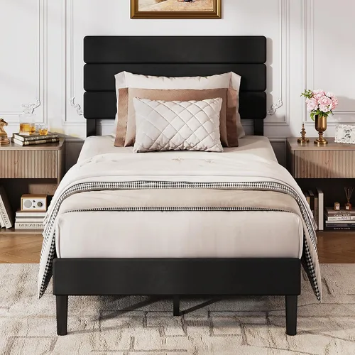 Vista 11 de WLIVE Base de cama tapizada, marcos de cama individual con cabecero, cama de plataforma con listones de madera, base de colchón de 600 libras,